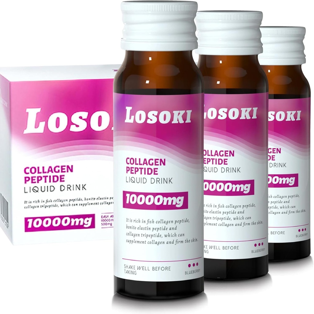 Losoki Liquid Collagen Peptide Drink - 10000mg Hydrolysed Marine Collagen Peptide mit Vitamin C, Premium Blend, fördern gesunde Haarhaut Nails Gelenke Knochen, (1 Box, 10 Flaschen)