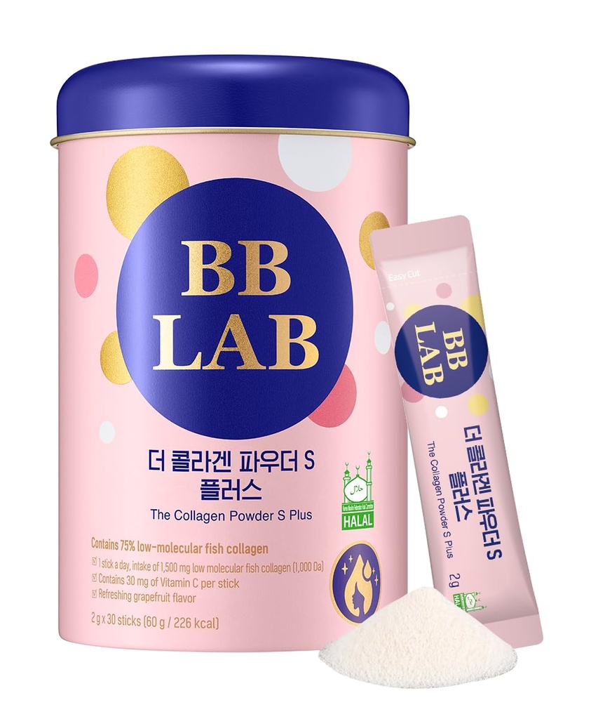 BB LAB Collagen Powder S Plus Halal, Low Molecular Korean Collagen Powder Stick Supplement, Marine, Fisch Collagen Peptide, Vitamin C, Glycin, schnelle Absorption, Grapefruit Flavor
