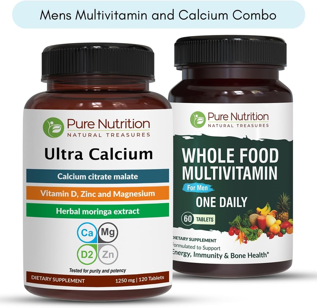 Pure Nutrition Ultra Calcium 1000mg und Ganze Lebensmittel Herren Multivitamins 1500mg für gesunde Knochen, Gelenke und allgemeine Wellness. Ultra Calcium 90 Tabs + Mens Multivitamins 60 Tabs.