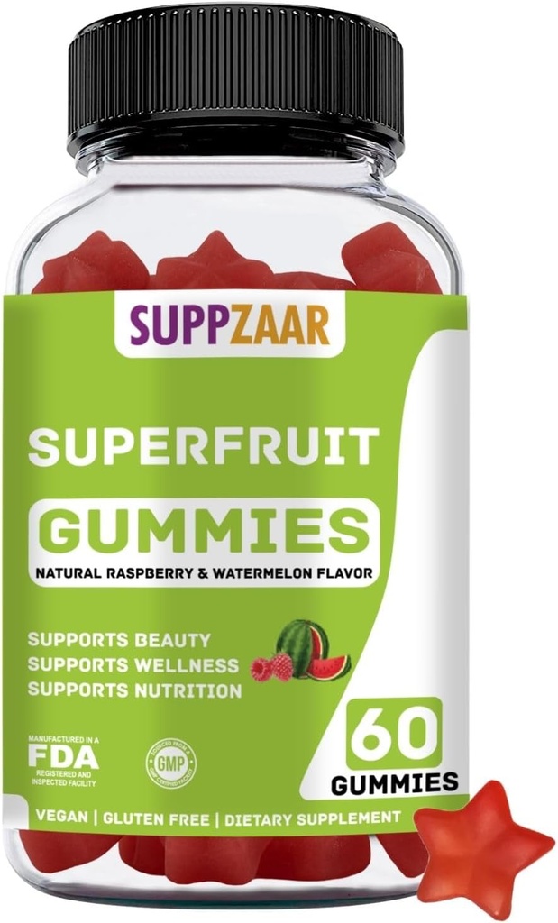 Vegan Superfruit Gummy Vitamine. Superfruit Gummis w/Vitamin A C E Organic Silica. Superfrucht für Collagen Formation, Beauty & Glow. Pflanzenbasiert, Non-GMO, Glutenfrei, Gelatinfrei. 60 CT