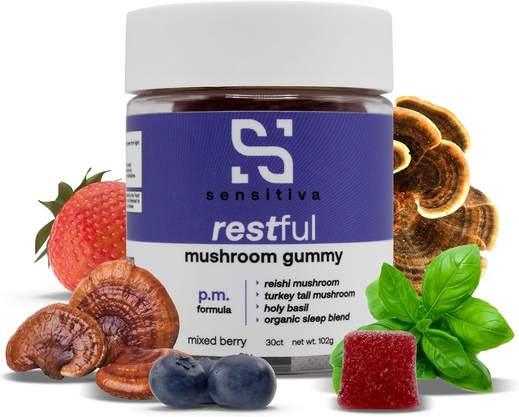 Sensitiva Restful Mushroom Gummies P.M. Formula - Reishi & Turkey Tail Mushroom Supplement Gummis, Pilzgummis für Schlaf, Entspannung & Stress Relief (Mixed Berry P.M. Formel)