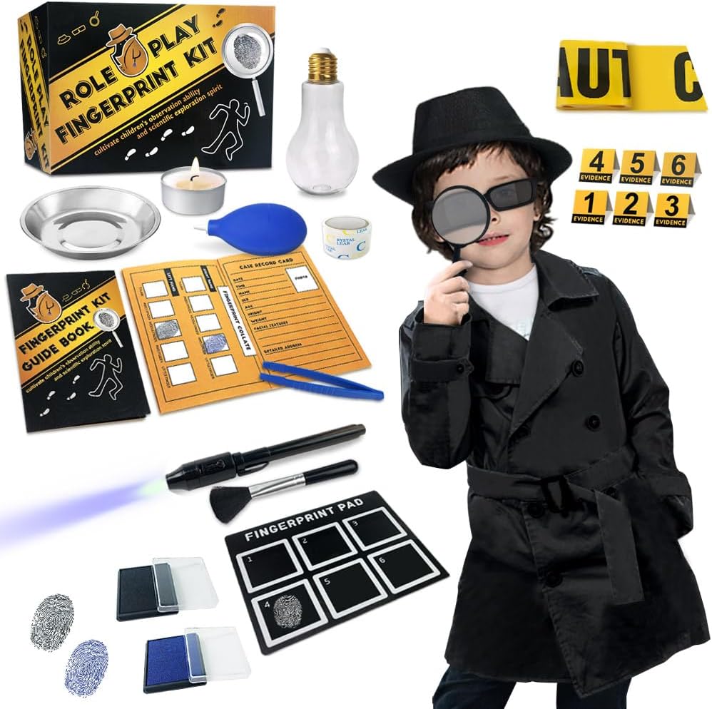 Spy Kit für Kinder Detektiv Outfit Fingerabdruck Spielzeug Geschenke für 5 6 7 8 9 10 11 Jahre alte Jungs Mädchen Untersuchungsrolle spielen Dress Up Kostüm Bildungswissenschaften Secret Agent Finger Print Identification