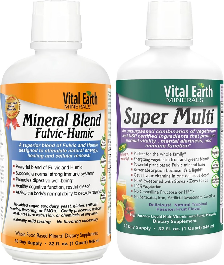 Vital Earth Minerals Detox & Wellness Support – Fulvic Humic Mineral Blend mit 70+ Trace Minerals + Super Multi, Liquid Multivitamins, MTHFR Support, 32 Oz Ea