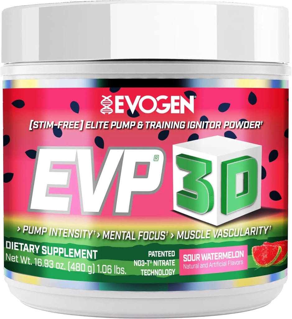 Evogen EVP 3D - Stim Free Pre Workout Pulver für Männer & Frauen | Sugar Free Non Stim Preworkout mit Beta Alanine und Kreatin für Energie & Pumpe | Sour Watermelon | 40 Servietten