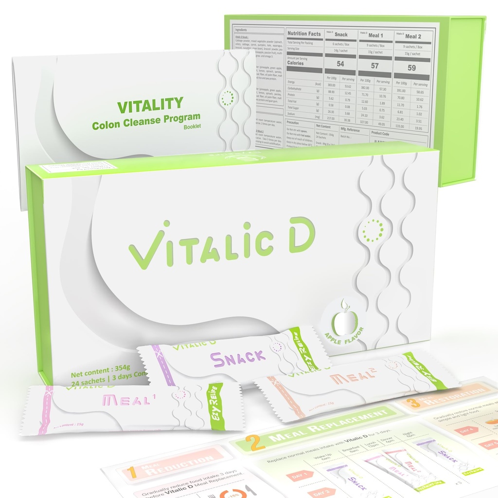 Vitalic D, 3-Tage-Reinigungsprogramm & Gut Health Support | Pflanzenbasiertes Detox-Pulver-Getränk für Verdauungsrücksetzen, leichtes Gefühl & tägliches Wellness | Apfelgeschmack