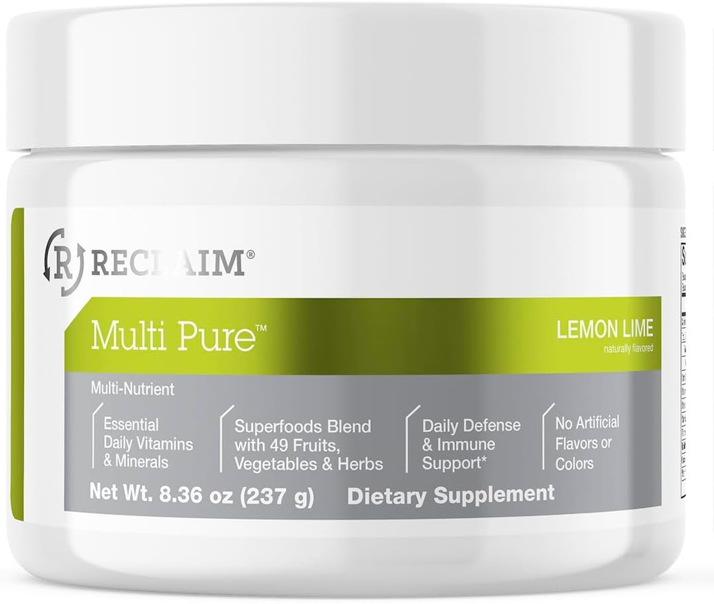 Reclaim Multi Pure Lemon Lime, Immununterstützung, Vitamin C, Vitamin B Komplex, Probiotikum, Superfood Pulver, Calcium, Magnesiumoxid, (30 Servierungen) (Lemon Lime)