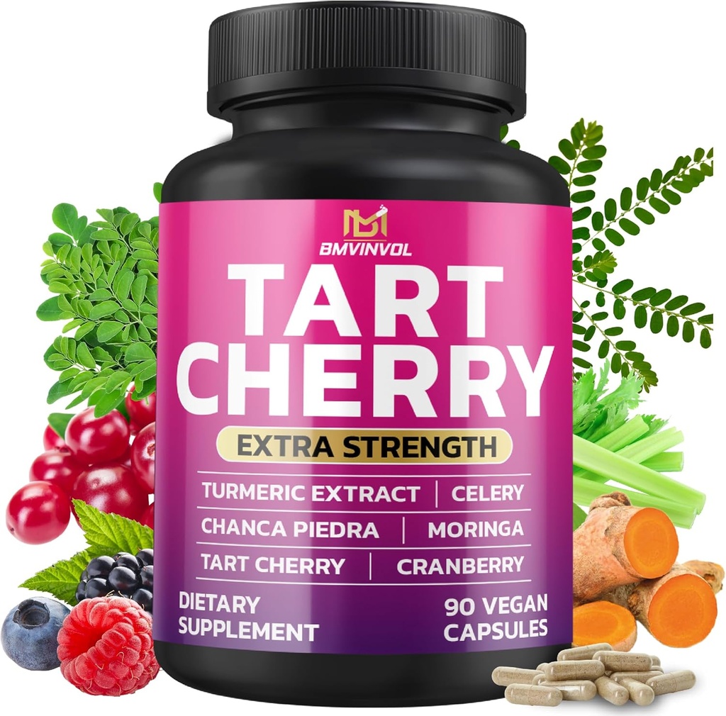 BMVINVOL Tart Kirsche 20:1 Extrakt - Plus Moringa, Chanca Piedra, Sellerie, Cranberry Extrakt und mehr - 90 Kapseln - 3 Monate Versorgung