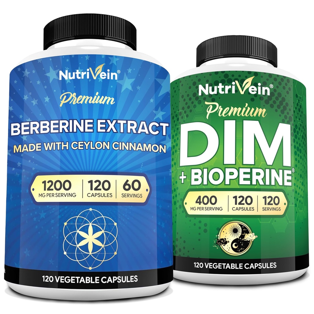 Nutrivein Premium DIM & Berberine Supplement Bundle: High-Absorption Berberine & DIM-Ergänzung mit Bioperine - für Hormonal Balance, Verdauungsregelmäßigkeit, Stoffwechsel, & Gesamt Wellness