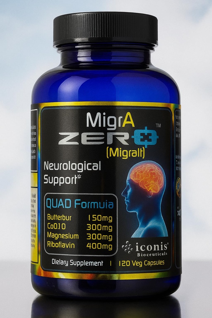 Migraine Relief, Quad-Formula mit PA-Free Butterbur (150mg), CoQ10 (300mg), Magnesium Glycinat (300mg), High-Dose Riboflavin (400mg) - MigrA Zero (120 Caps) Optimale Dosierung für Migraine Sufferers