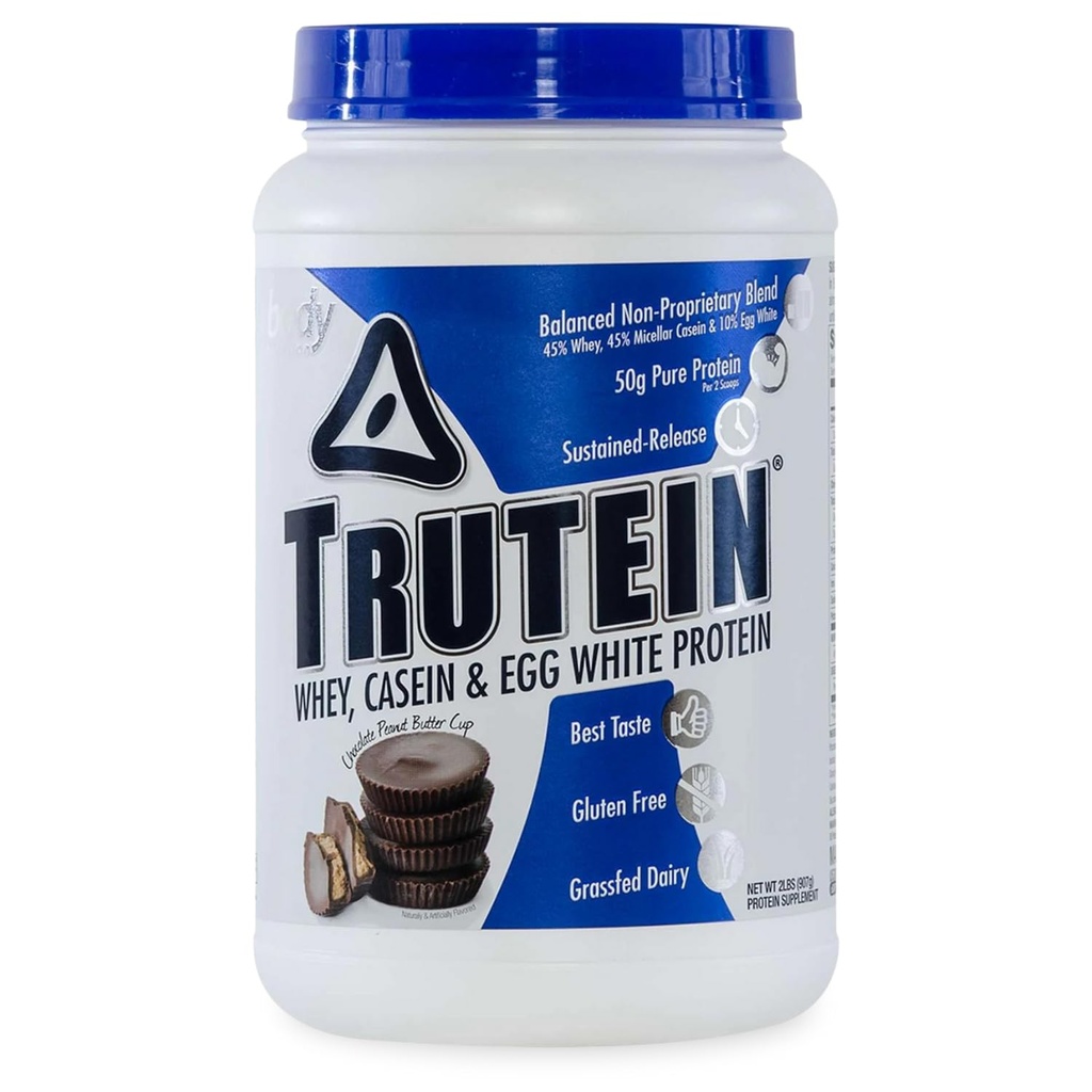 Body Nutrition Trutein High Protein Powder: 45% Whey, 45% Casein, 10% Eiweiß, Glutenfrei, Low Sodium, Gras Fed Whey Protein Powder, Gym Supplement & Breakfast Shake, Chocolate Peanut Butter, 2lb
