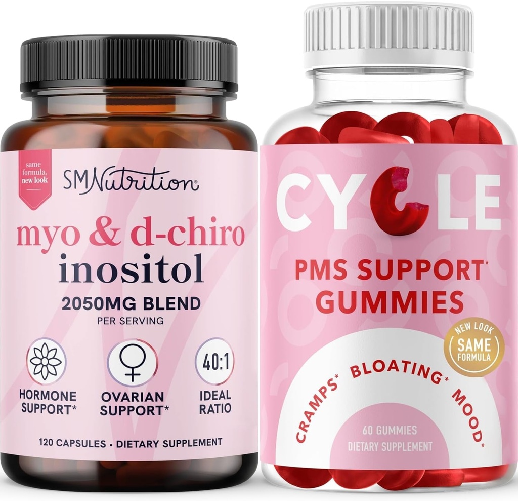 SMNutrition PMS Unterstützung Gummie & Myo-Inositol & D-Chiro Inositol | Hormon Balancing Bundle mit 40:1 Ratio Inositol Ergänzung (30 Servierungen) und Kräuter-Zyklus Unterstützung Gummies für Frauen (30 Servierungen)