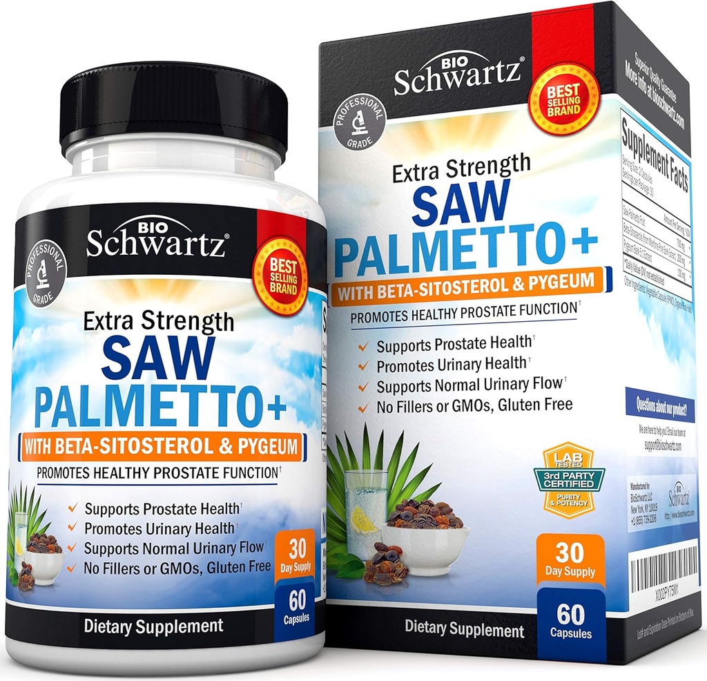 Saw Palmetto für Männer mit Pygeum Bark Extract und Beta-Sitosterol - Unterstützt Prostata-Gesundheit und gesunde Prostata-Funktion - fördert Urinär-Gesundheit und normaler Urinärfluss - Non GMO Gluten Free 60 Ct