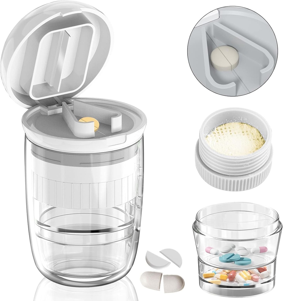 White-1 Pille Splitter und Cutter, Crushes Tabletten, Vitamine, Edelstahl Klinge, abnehmbare Trinkbecher