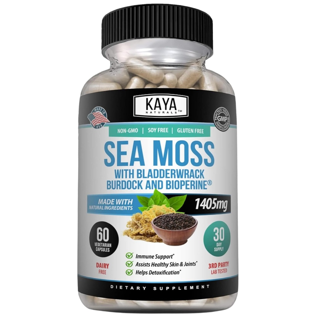 Kaya Naturals Sea Moss - Mobility Supplement for Men and Women - with Burdock Root, Irish Moss, Bladderwrack, and BioPerine - for Mobility Health and Immune Boost, 60 Count
