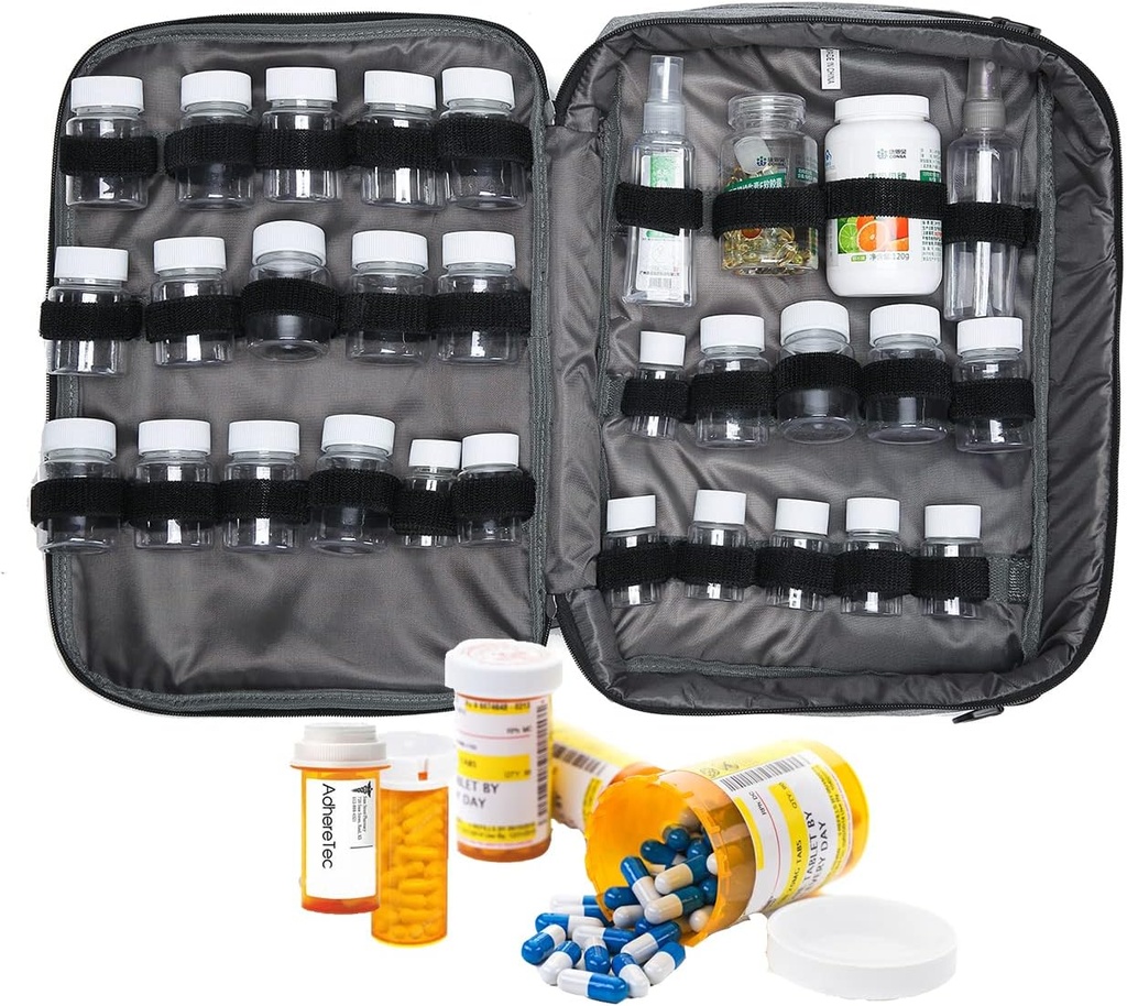 Medizin Tasche Pill Bottle Organizer Reise Fall für Männer Frauen Medikamente Speicher Organisation Verschreibung Med Manager Wasserflasche Vitamin Drogen Tragen Fall XL Große verschlossenen sperrbaren ziemlich potable