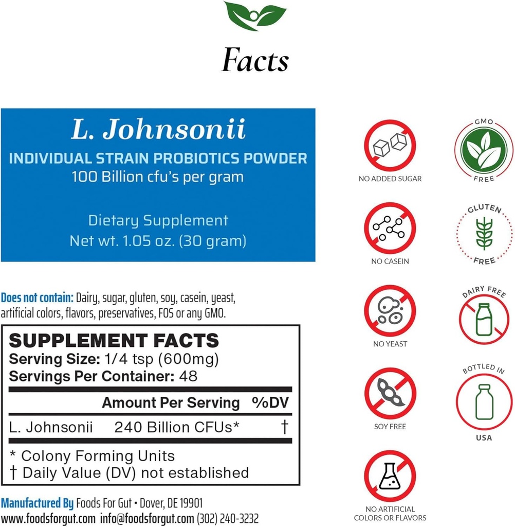 Lebensmittel für Gut Lactobacillus Johnsonii Probiotic Powder 100 Billion cfu's | No Additives | Direct from Manufacturer | No Third-Party Storage | Immune Support | L. Johnsonii | 30 Gramm (1.05 Oz)