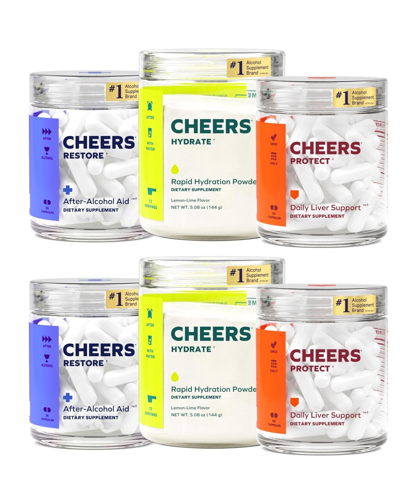 Cheers Super Combo | Wiederherstellen + Schützen + Hydrate | Fühlen Sie sich besser nach dem Trinken, unterstützen Sie Ihre Leber, & Rehydrate | DHM, L-Cystein, Elektrolyte | 24 Doses Restore & Hydrate, 60 Doses Protect