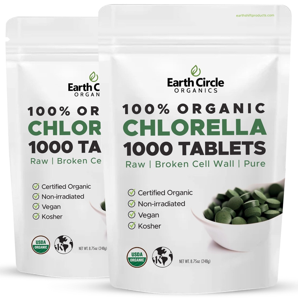 Organische Chlorella Tabletten 1000 Graf | Hohe Potenz Superfood | Chlorophyll Pillen aus 100% reine grüne Algen | Gebrochene Zellwand für maximale Absorption | Vegan, Kosher, Non-GMO | 4 Tabs pro Tag (2-Pack)