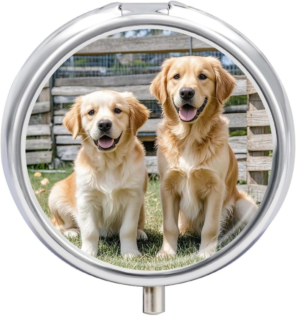 Runde Pille Case 3 Compartment Golden Retriever Hunde Welpen Haustiere Pille Box Mini Medizin Pille Organizer Portable Reise Pille für Pocket Purse Metall Pille Behälter für Vitamine Fish Oil Supplements