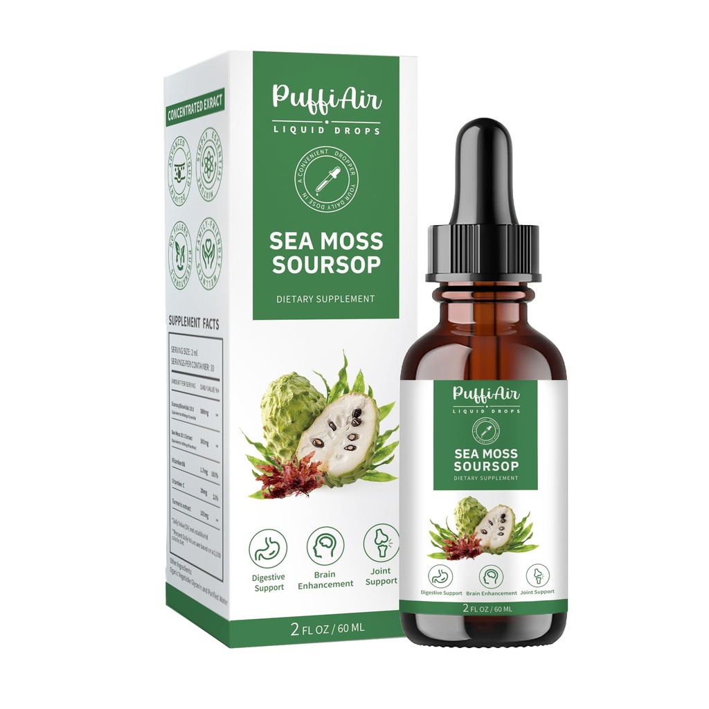 PUFFIAIR Soursop(Graviola) & Sea Moss Flüssigkeitstropfen für Zellunterstützung & Regeneration, Immune Boost, Relax, Leber und Schlaf, Kräuterextrakt, Zucker/Gluten frei, natürliche Geschmack, 2 Fl Oz/60ml