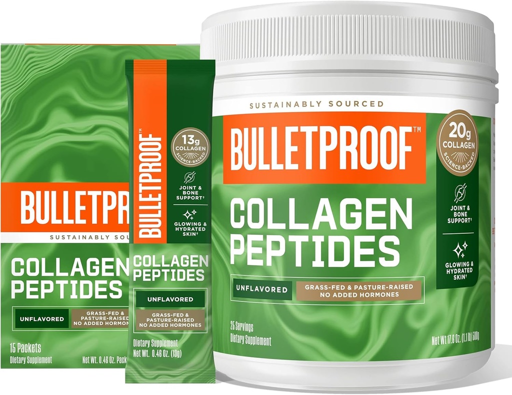 Bulletproof Unflavored Collagen Protein Powder, 18g Protein, 17.6 Oz, Unflavored Collagen Protein Powder GoPacks, 12g Protein, 15 Pack, Gras Fed Collagen Peptide und Aminosäuren
