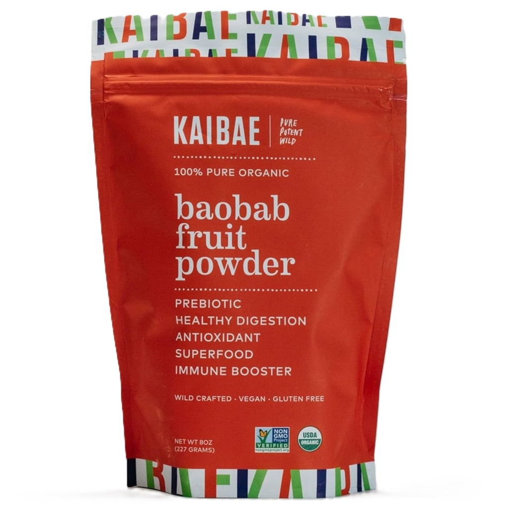 KAIBAE Premium Organic Baobab Powder I Prebiotic Gut Health, Intermittent Fasten, Immunität, Hydration | Vitamin C, Polyphenole, Mineralien | Fiber Supplement | 8 oz.