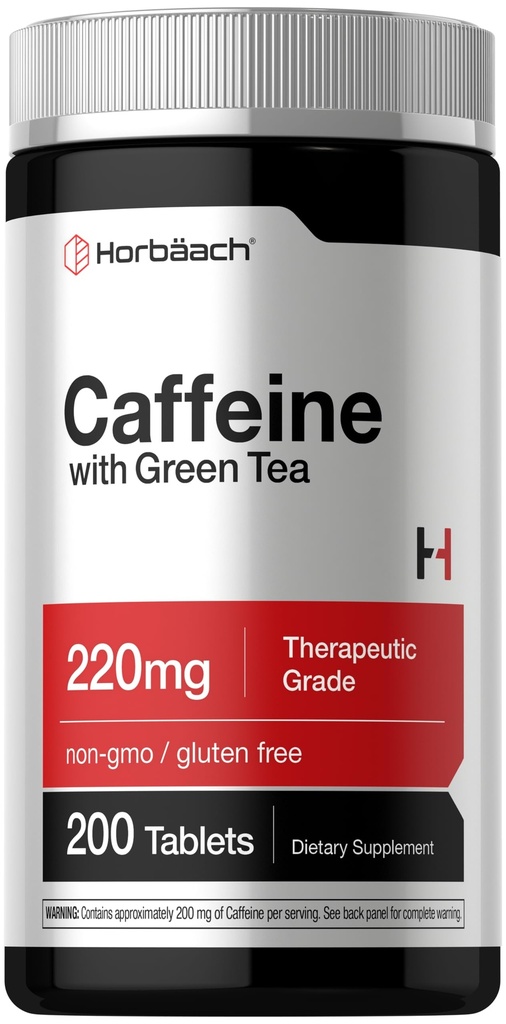 Horbäach Koffein Pillen 200mg | mit Grüner Tee | 200 Tabletten | Vegetarisch, Non-GMO & Gluten Kostenlos