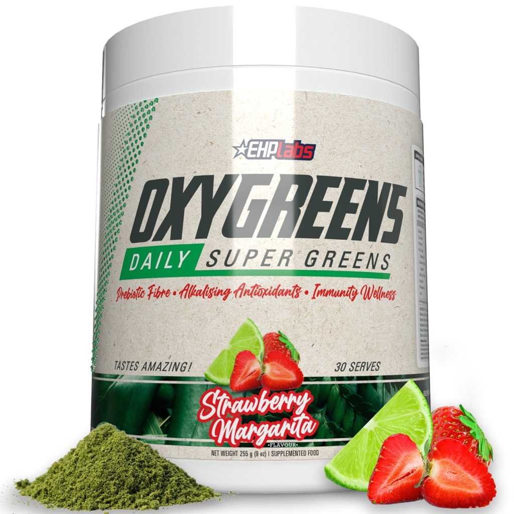 EHP Labs OxyGreens Super Greens Powder - Spirulina & Chlorella Superfood, Green Juice Powder & Greens Ergänzungen mit Prebiotic Fibre, Antioxidantien & Immunität Unterstützung, 30 Serves (Strawb. Margarita)