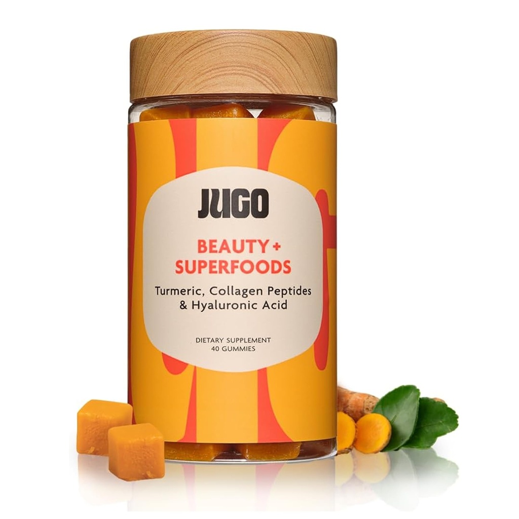 JUGO Beauty + SUPERFOODS | Hair Skin Nails Supplement mit Hyaluronsäure & Turmeric | 40 Count Plant-Based Gummies | Gelatin-Free, Non-GMO, Made in USA