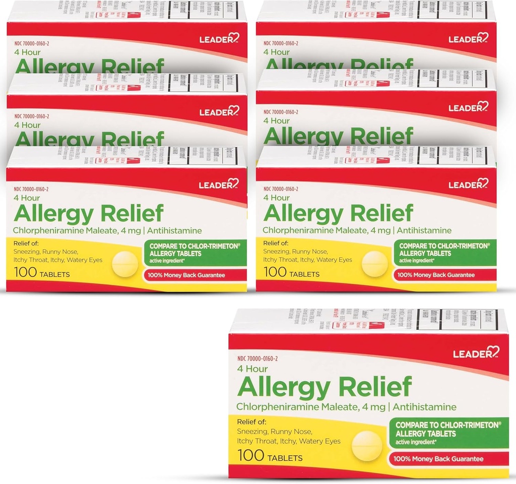 Leader 4 Hour Allergy Relief, Chlorpheniramin Maleat Tabletten, Antihistamin, 4 mg, 100 Count (Pack von 6)