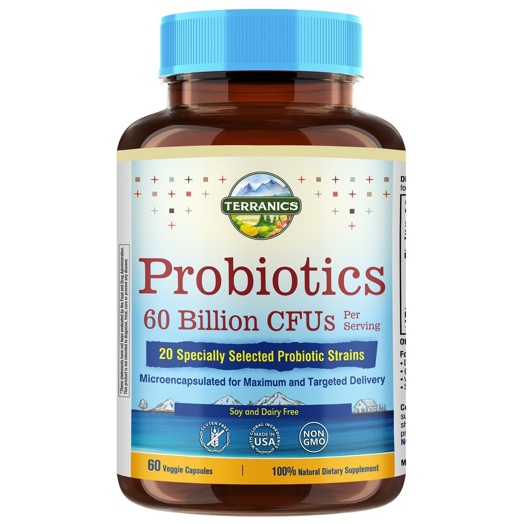 Terranics Probiotics 60 Billion CFU, 20 Strains, 60 Veg Capsules, Prebiotics & Probiotics, Shelf Stable Probiotic Supplement für Männer & Frauen, Verdauung & Immune Gesundheit, Non-GMO, NO Soy, Dairy & Gluten