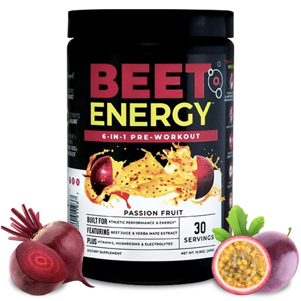 Nutrology Beet Energy O2, Pre Workout Powder, Energy, Endurance & Nitric Oxid Booster mit Rübenpulver, Yerba Mate, Adaptogene & Elektrolyte, Vegan Pre Workout, Passion Fruit Flavor, 30 Servierungen
