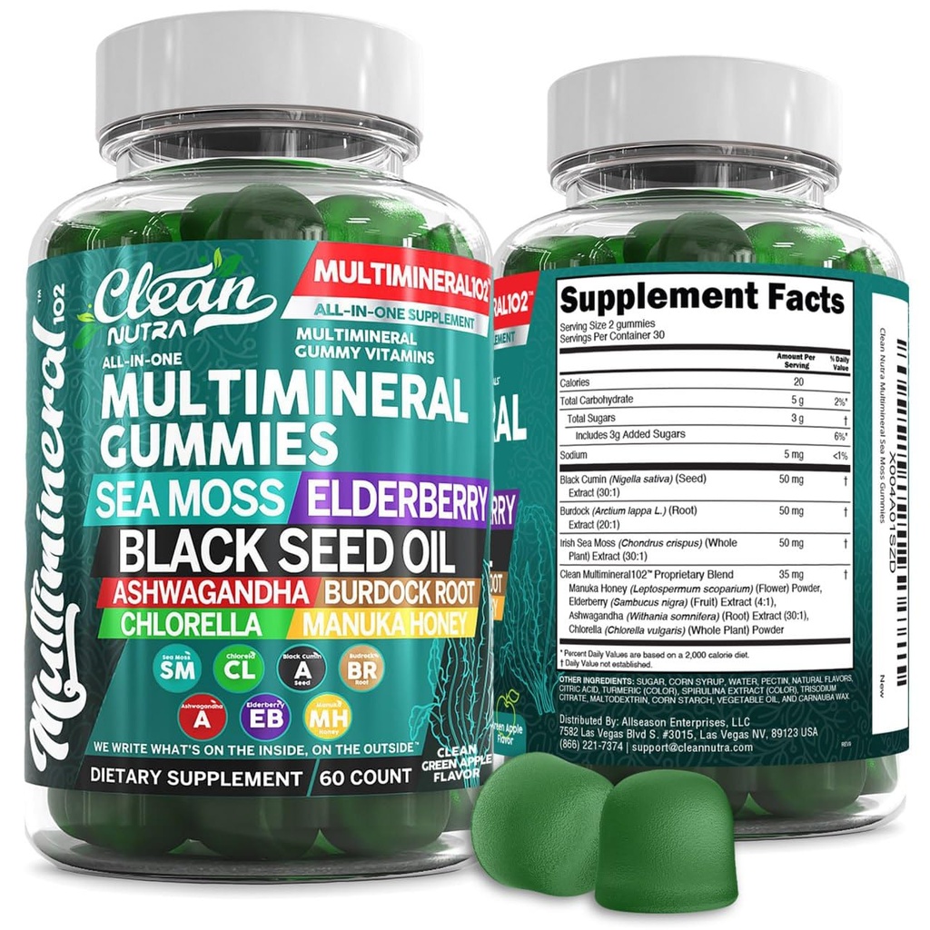 Sea Moss Gummies | Klinisch getestet - Schwarz Seed Öl Ashwagandha Elderberry Burdock Root Chlorella Manuka Honey - Vegan Irish Sea Moss Gummy Vitamine für Erwachsene Kinder Männer Frauen - Grüne Apfel Geschmack