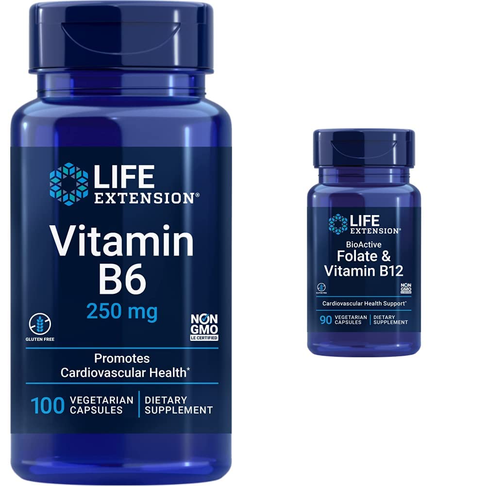 Lebensverlängerung Vitamin B6 250 mg, 100 Vegetarische Kapseln & Folat & Vitamin B12, Vegetarische Kapseln, Weiß, 90 Graf
