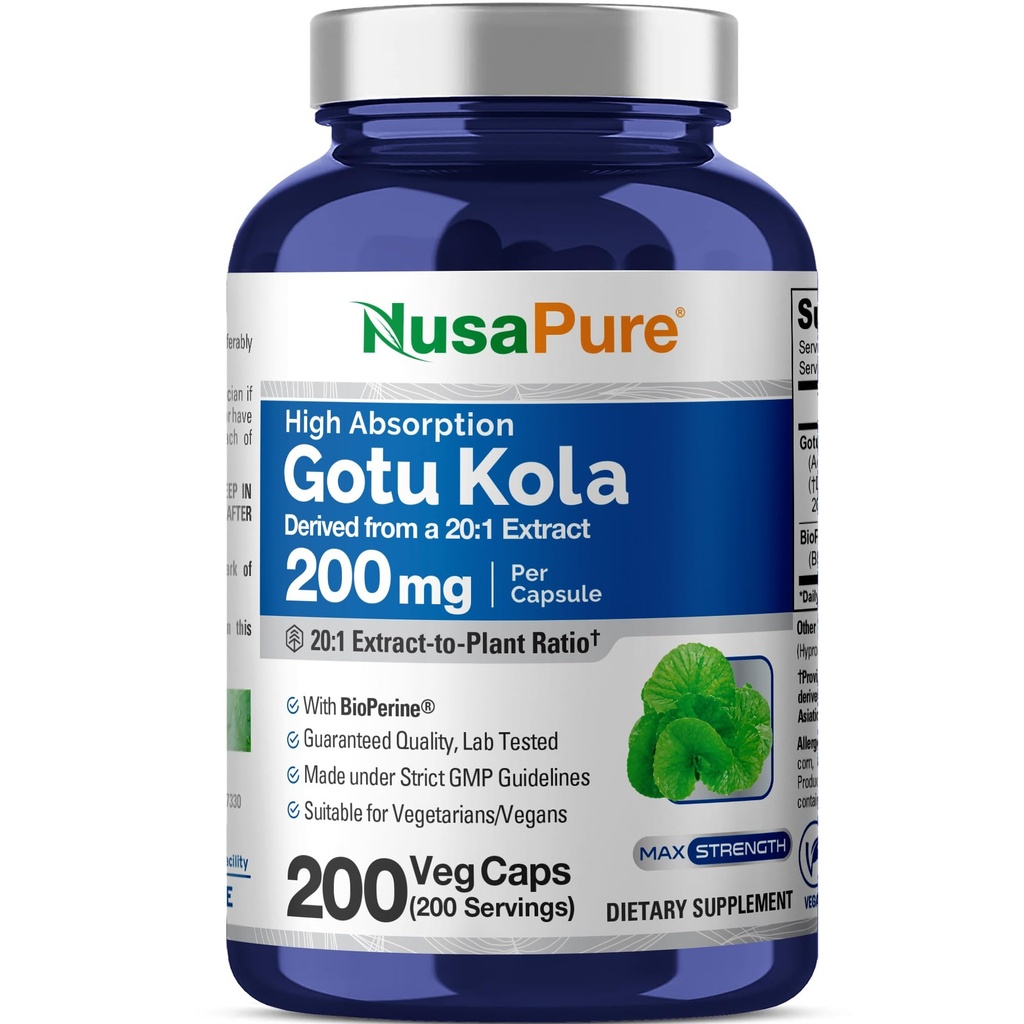 NusaPure Gotu Kola Kapseln 20:1 Extrakt, 200 mg Äquivalent zu 4000mg Pro Veggie Caps, 200 Graf, Non-GMO, Vegan, Bioperine - Traditionelle Kräuterextrakt