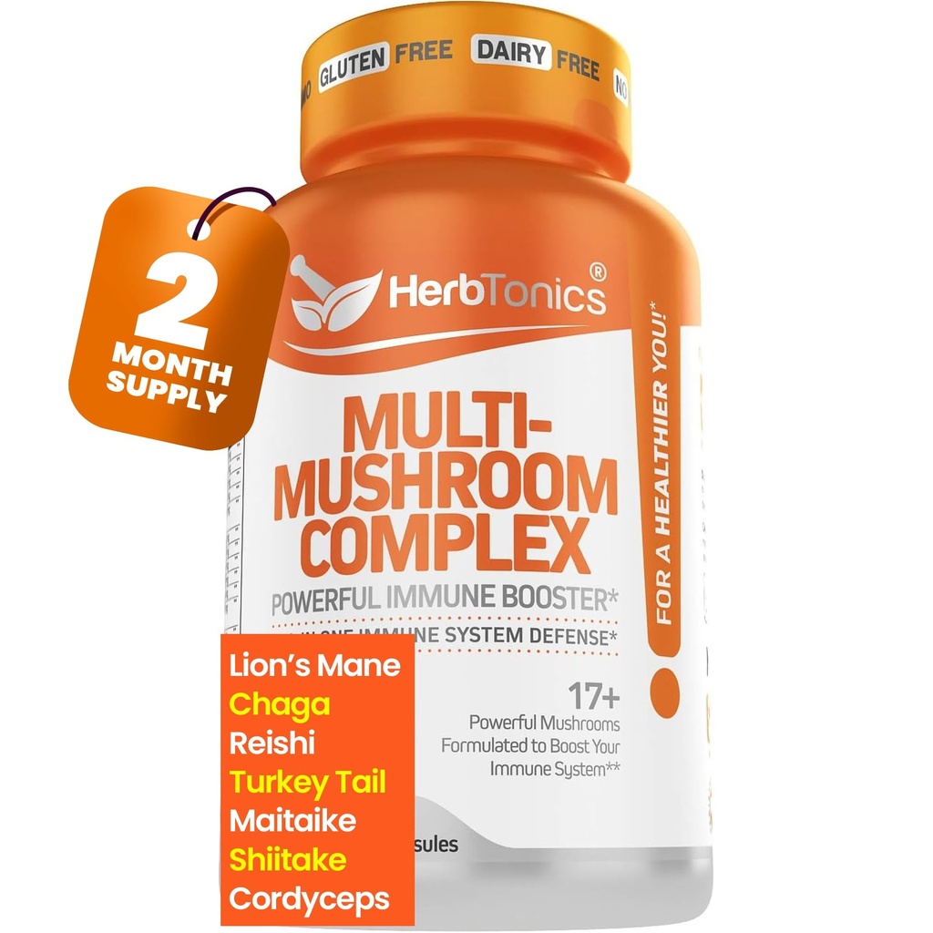 Herbtonics All-in-One Pilz Ergänzung für Immunsystem Unterstützung | Nootropic Brain Unterstützung Ergänzung mit Lion's Mane, Cordyceps, Reishi | Powerful Mushroom Complex | 120 Vegan Kapseln