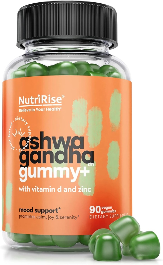Nutririse hohe Potenz Ashwagandha Gummis mit Vitamin D, Zink, unterstützt natürliche Entspannung, Schlaf &amp; Immunität, Spinat Powder Superfood, 30:1 Konzentrierter Wurzelextrakt entspricht 2250 mg, 90 Zähler