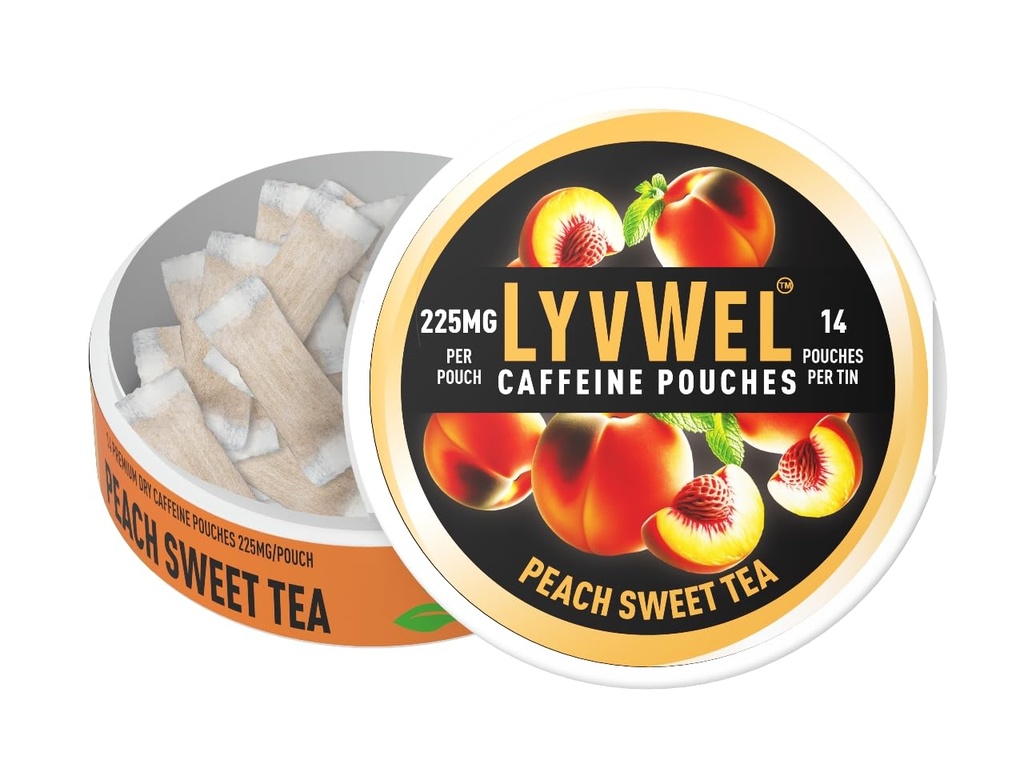LyvWel Ultra Caffeine Pouch – Peach Sweet Tea – 225mg Natural Caffeine mit Guarana – Clean Energy for Focus & Mood – 1-Pack (15 Pouches)