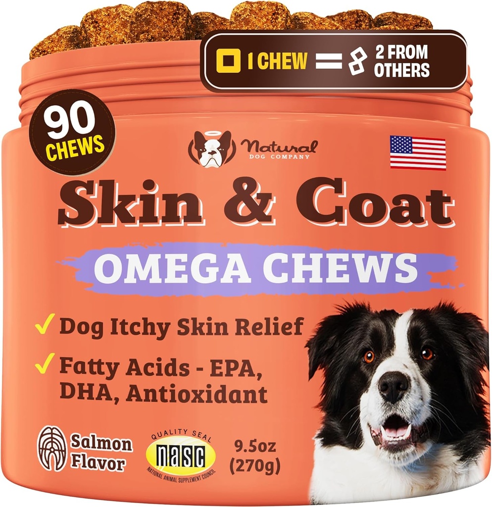Natural Dog Company Skin & Coat Supplement für Hunde – Omega 3 Lachsöl, Biotin & Vitamin E unterstützen Shiny Coat, Gesunde Haut & Normal Shedding, fördert Komfort von Okzial Itch, 90 Count