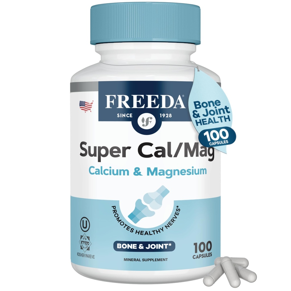 Freeda Super Cal/Mag – Kosher Vegan Bone Health Supplement – unterstützt Knochenstärke, Nervenfunktion und Muskelentspannung – Vegetarische Calcium Magnesiumkapseln – Third-Party Tested – (100 Kapseln)