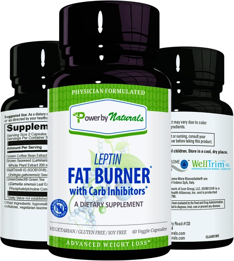 Power By Naturals: Leptin Fat Burner mit Carb Blocker - 60 Glutenfreie Kapseln, Leptin Weight Loss Diät Pillen, Efficient Fat Burner, Appetite Suppressant