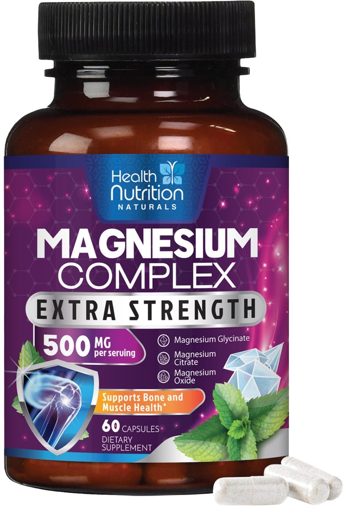 Magnesium Complex Kapseln 500 mg mit Oxid, Glycinat, Malat, Citrat - High Absorption Complex Chelat Magnesium Mineral Supplements - für Muskel-, Knochen- und Herzgesundheitsunterstützung - 60 Kapseln