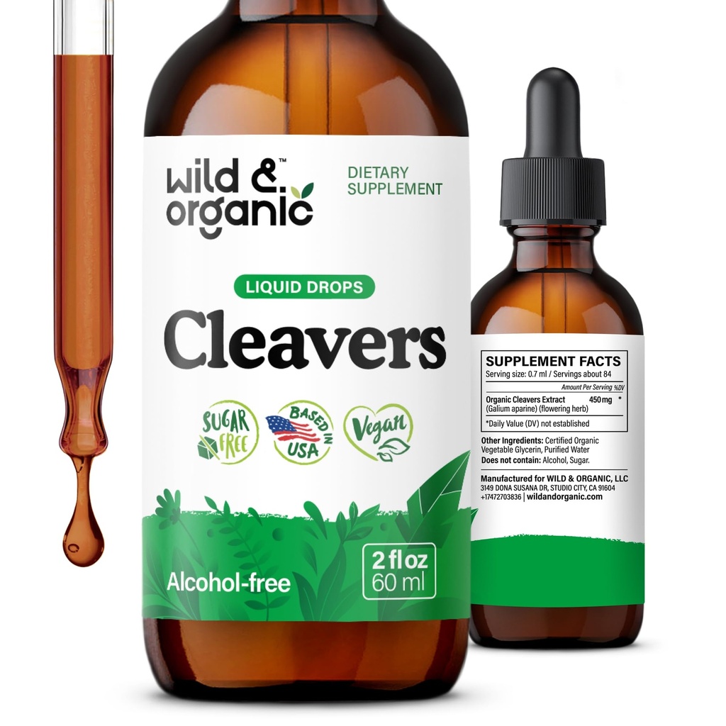 Wild & Organic Cleavers Tincture - Natürliche Detox Tropfen mit Cleavers Leaf - Galium Aparine Kräuterextrakt-Ergänzung - Vegan, Zucker & Alkoholfrei - 2 fl oz