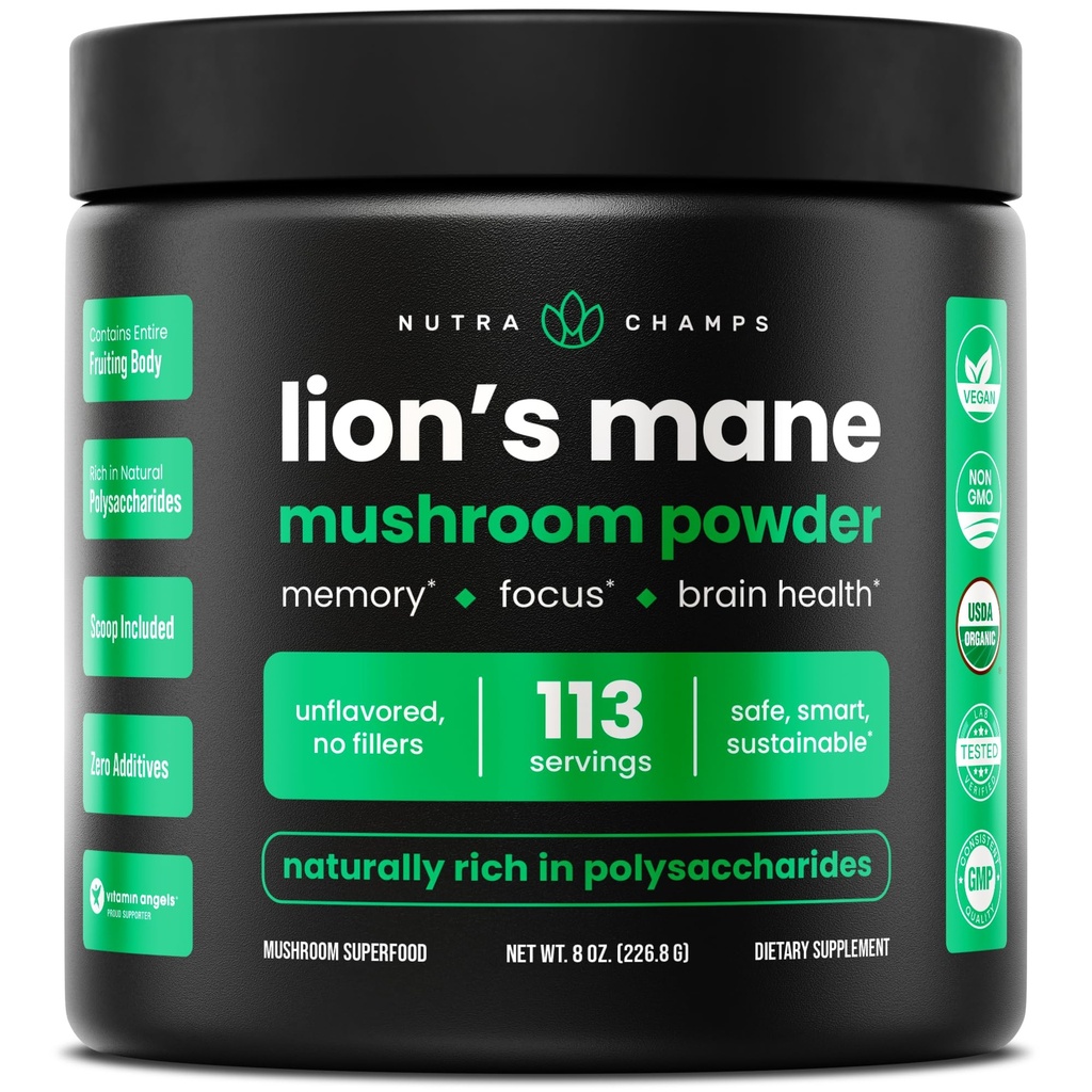NutraChamps Bio Lions Mane Powder - 2000mg Leistungsstarke Nootropic für Gedächtnis, Fokus, Immununterstützung - Vegan Lion's Mane Mushroom Powder Supplement mit natürlich vorkommenden Beta-Glucans - 8oz