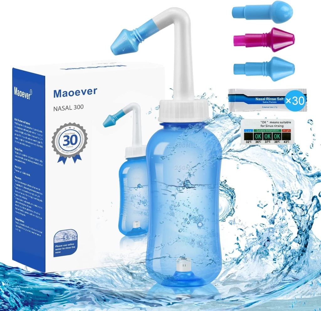 MAOEVER Neti Pot Sinus Rinse Nasal Wash 300ML Neti-Pot mit 30 Nasal Wash Salt Packets und Aufkleber Thermometer Nasenreiniger Waschflaschenreiniger Druckbewässerung für Erwachsene & Kind BPA kostenlos (blau)