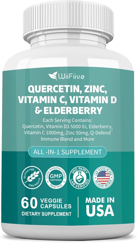 60 Count Quercetin 50 mg Zink 1000 mg Vitamin C 5000 IU Vitamin D3 1000 mg Turmeric 1000 mg Elderberry mit Q-Defend Immune Blend Reisshi Nettle Arteemisininin, Non-GMO, Free Supports Health