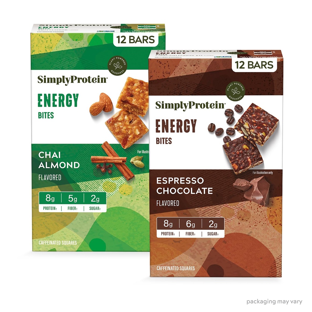 Einfach Protein - Energy Bites Variety Pack, 24 Bars - Pflanzenbasierte Koffeinierte Quadrate - 55mg Koffein - Energy Boost - 8g Protein, 2g Zucker, 5-6g Fiber, 120-130 Kalorien - Vegan, Glutenfrei, Non GMO