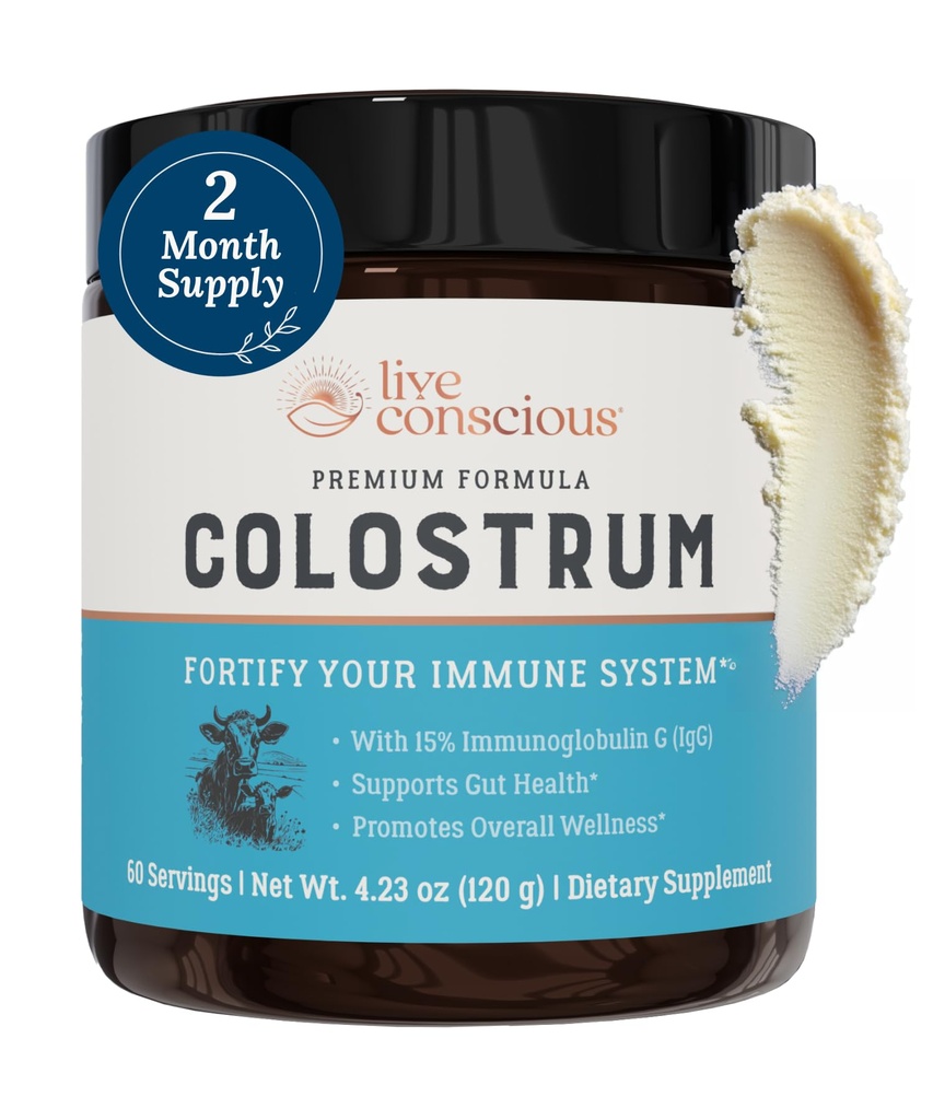 Live Conscious Colostrum Powder - Gras Fed Colostrum Supplement mit Lactoferrin für Eisenabsorption - Bovine Colostrum an Immunsystem Supplement
