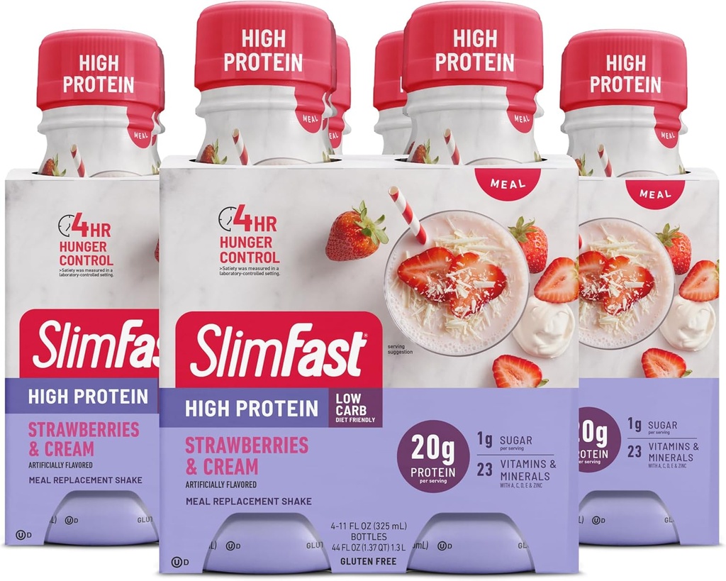 SlimFast Advanced Nutrition Meal Replacement Protein Shake - Bereit zu trinken, Pink, Erdbeeren & Cream, 4 Flaschen (Pack von 3)