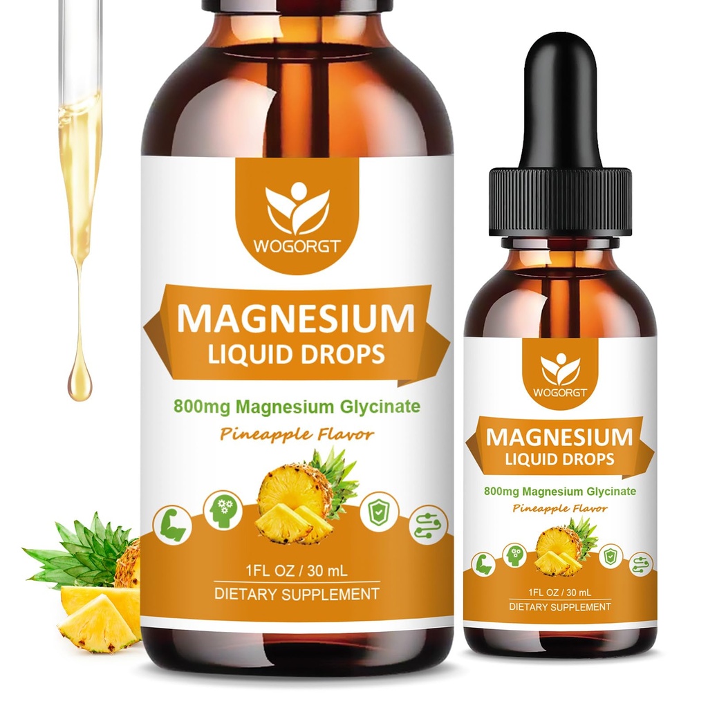 Magnesium Glycinat Flüssigkeitstropfen mit Citrat & Taurat - Kognition, Muskel & Fokus, Flüssige Magnesium-Komplex-Ergänzung mit Vitamin D3, GABA, L-Theanin, Ananas Flavor - 1 Fl Oz (2 Packung)